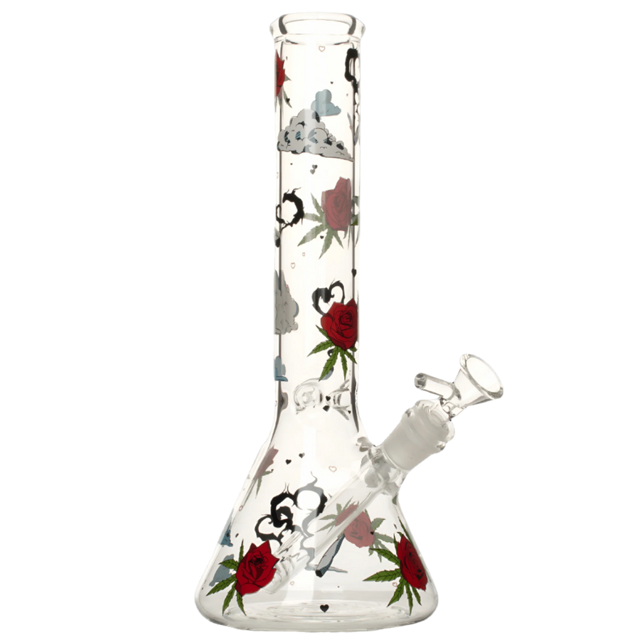 Red Eye Glass 12" Roses & Weed Beaker Base Water Pipe - Canadian Vaporizers